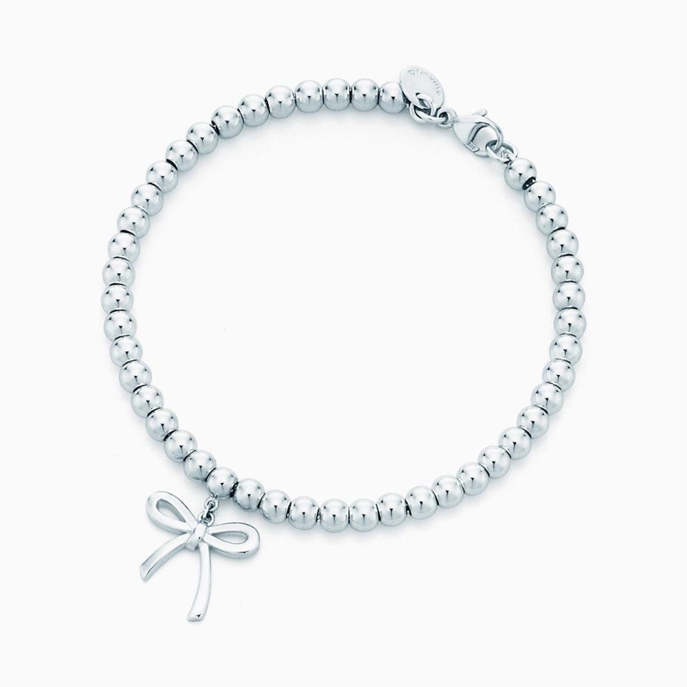 NWT- Tiffany & Co Silver Beaded Bracelet with Bow Charm